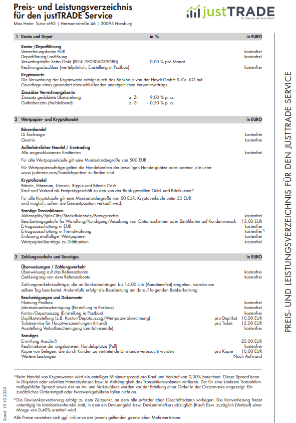 Preis und Leistungsverzeichnis JustTRADE