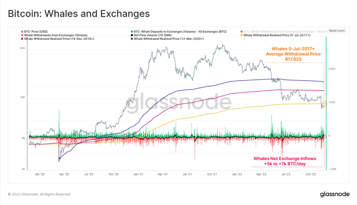 Das Diagramm zeigt den durchschnittlichen Preis von BTC-Abhebungen von der Binance-Börse durch Investoren, die mehr als 1.000 BTC halten (bekannt als Wale). Die gelbe Linie zeigt den durchschnittlichen Abhebungspreis seit Mitte 2017, als die Binance-Börse gestartet wurde. Er liegt derzeit bei 17.825 Dollar und zeigt, dass die Wale zum ersten Mal seit März 2020 nicht realisierte Verluste erlitten haben und wie andere Anleger "unter Wasser" gegangen sind. Angesichts der Rückgänge haben die Wale ihre BTC-Reserven mit einem Überschuss (bereinigt um Abhebungen) von 5.000 bis 7.000 BTC pro Tag an die Börsen geschickt, was selbst bei den größten Anlegern Befürchtungen über Verkaufsabsichten aufkommen lässt. Quelle: Glassnode