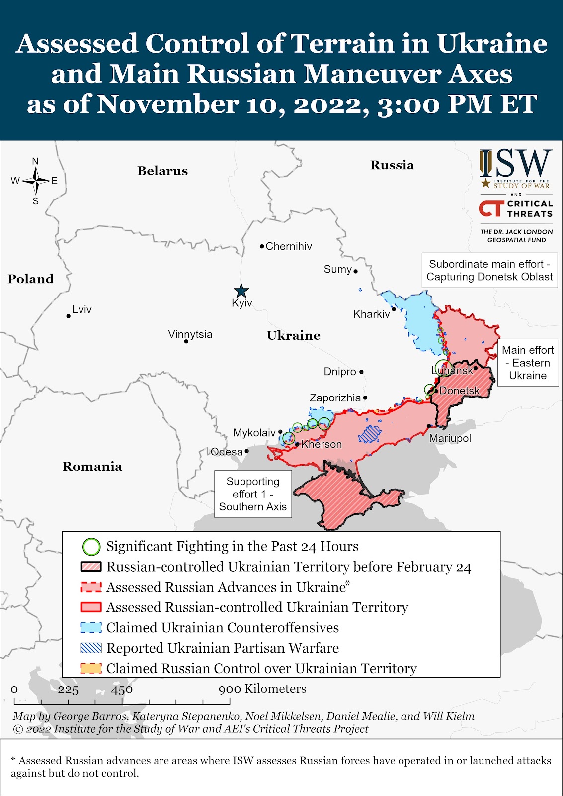 Eine aktualisierte Karte, die die russischen Manöver und die territoriale Kontrolle in der Ukraine zeigt. Die schwersten Kämpfe finden weiterhin an der südlichen (Cherson) und nordöstlichen (Lugansk und Donezk) Front statt. Quelle: ISW