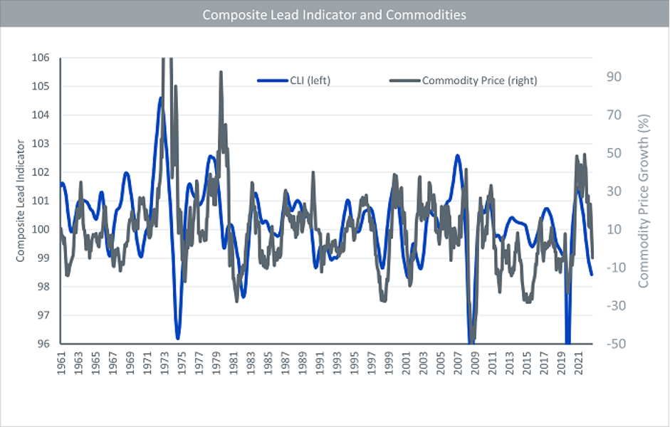 Quelle: WisdomTree, Bloomberg, OECD, Juni 1961 bis Februar 2023. Der Rohstoffpreis basiert auf dem Bloomberg Commodity Total Returns Index. CLI sollen frühzeitige Signale für Wendepunkte in Konjunkturzyklen liefern und zeigen Schwankungen der Wirtschaftstätigkeit um ihr langfristiges Potenzial an. CLI zeigen kurzfristige wirtschaftliche Bewegungen eher in qualitativer als in quantitativer Hinsicht. CLI um die Schwankungsbreite bereinigt; langfristiger Durchschnitt = 100. Die historische Wertentwicklung ist kein Hinweis auf die künftige Wertentwicklung, und Anlagen können im Wert sinken.