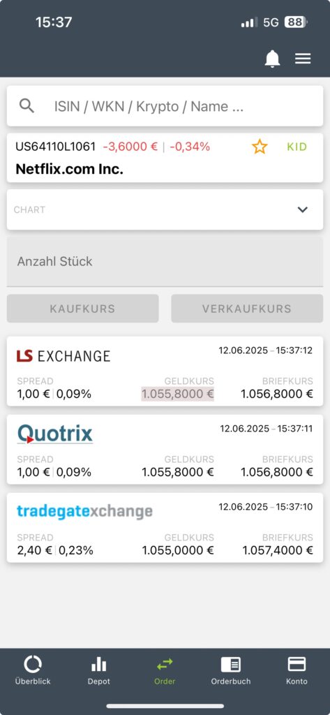 Kurse und Spreads je Handelsplatz in der justTRADE App