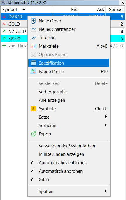 Kontextmenü in der MetaTrader-Marktübersicht mit Auswahl „Spezifikation“