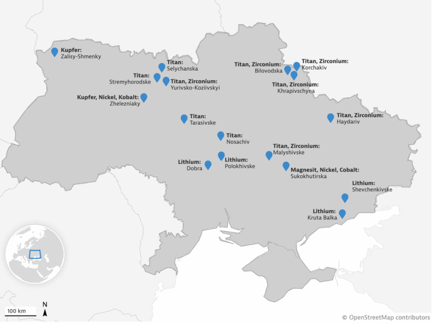 Lagerstätten ausgewählter für die Ukraine strategisch wichtiger Rohstoffe. Quelle: Ukraine: Investment Opportunities in Exploration & Production, Ukrainian Geological Survey, 2022/Germany Trade & Invest