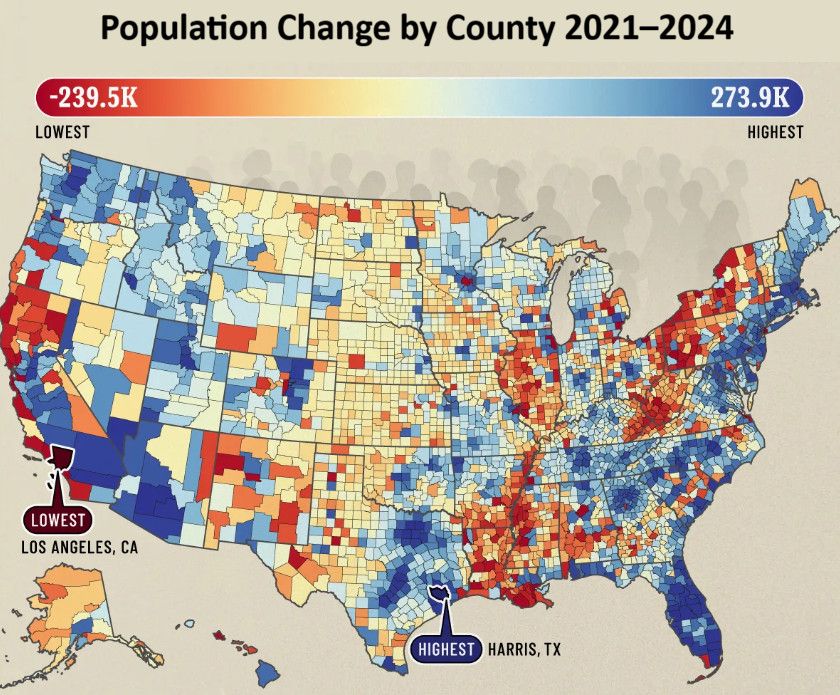 Bevölkerungsveränderungen in US-Countys in den Jahren 2021–2024; Quelle: Visual Capitalist