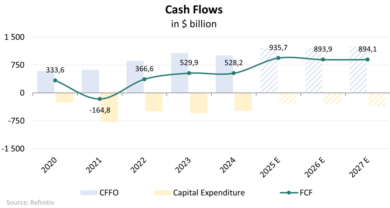 Historische und prognostizierte Cashflows; Quelle: Vom Autor erstellt